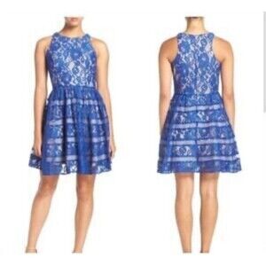 AIDAN MATTOX Blue Lace Fit/Flare Dress Women 12 Sleeveless Lined Cocktail Party